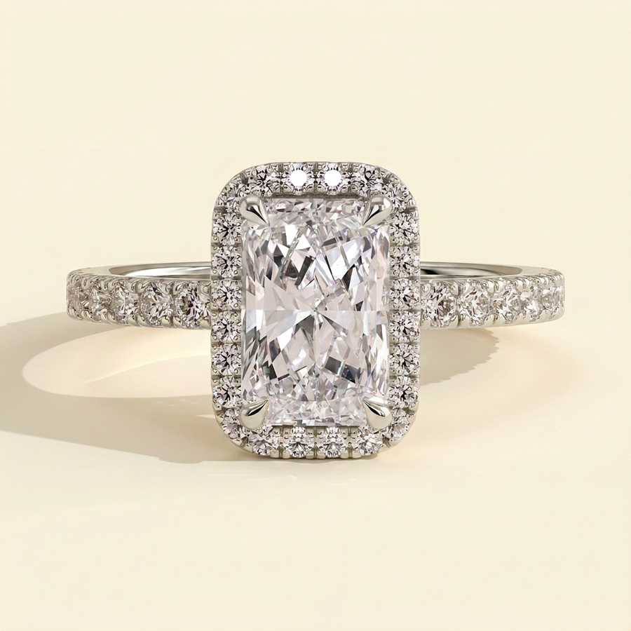 The Ezara - Radiant Cut Lab Grown Diamond Solitaire with Halo and Pave Band Engagement Ring - White Gold