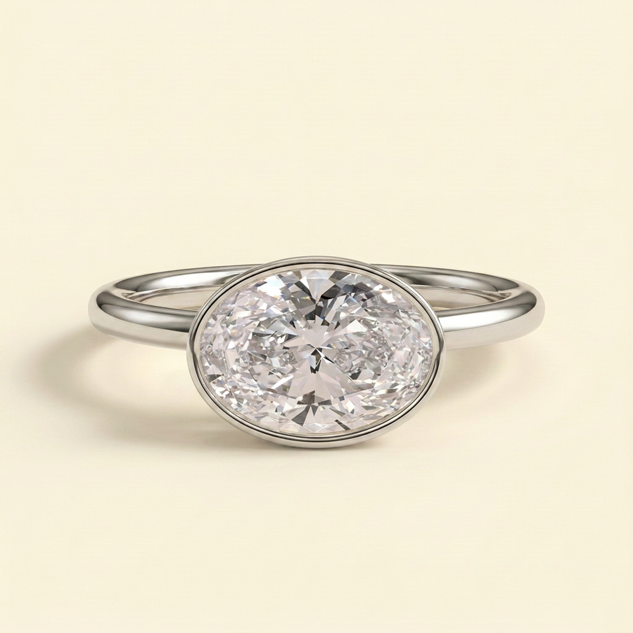 The Fina - Oval Cut Lab Grown Diamond East West Bezel Set Solitaire Engagement Ring - White Gold