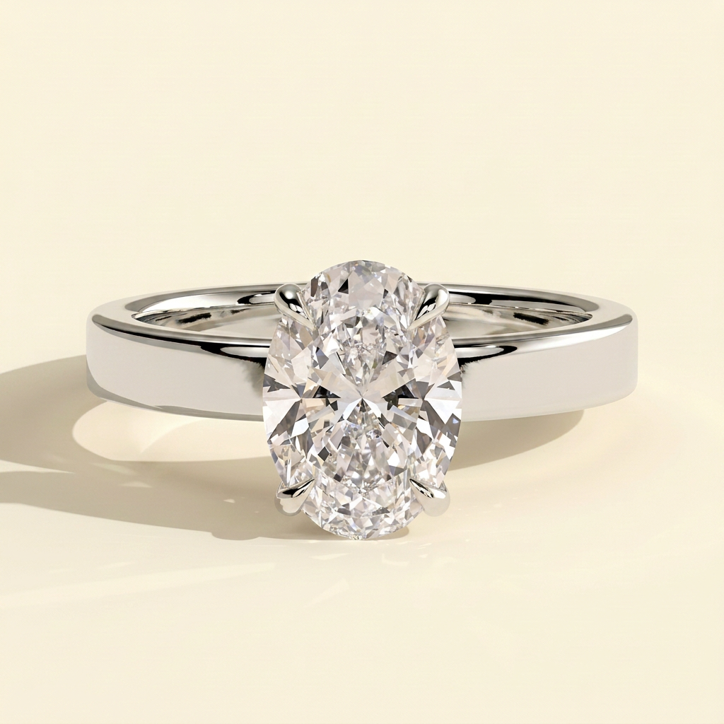 The Novia - Oval Cut Lab Grown Diamond Hidden Halo Solitaire with Flat Cigar Band Engagement Ring
