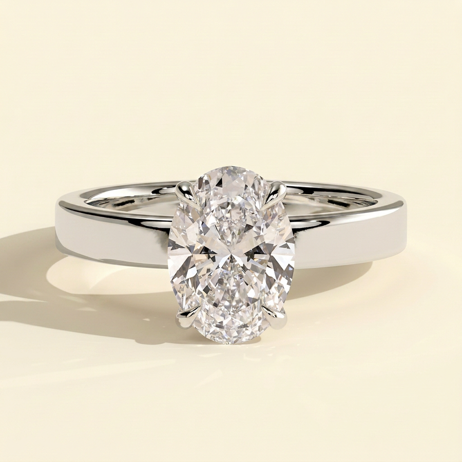 The Novia - Oval Cut Lab Grown Diamond Hidden Halo Solitaire with Flat Cigar Band Engagement Ring - White Gold