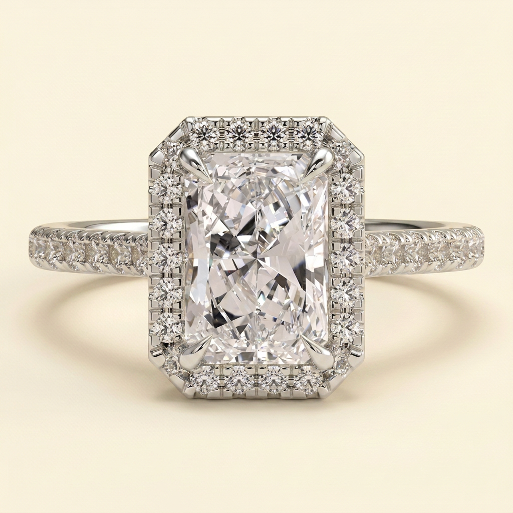 The Lunelle - Radiant Lab Diamond Solitaire with Halo and Pave Band and Cathedral Setting Ring