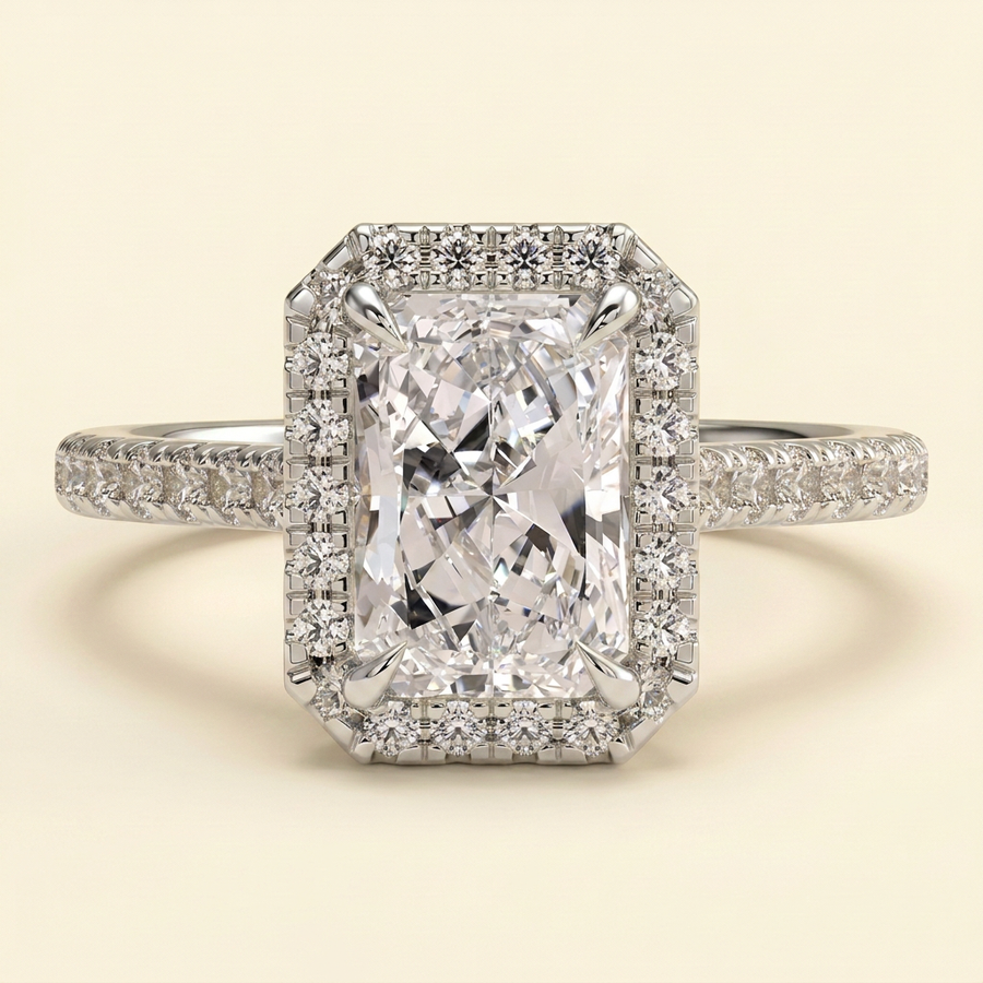 The Lunelle - Radiant Lab Diamond Solitaire with Halo and Pave Band and Cathedral Setting Ring - White Gold
