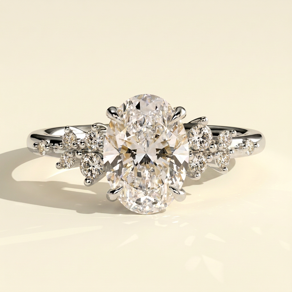 The Kessa - Oval Lab Grown Diamond Solitaire with Clustered Round Shoulder Stones Ring