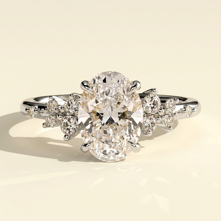 The Kessa - Oval Lab Grown Diamond Solitaire with Clustered Round Shoulder Stones Ring - White Gold