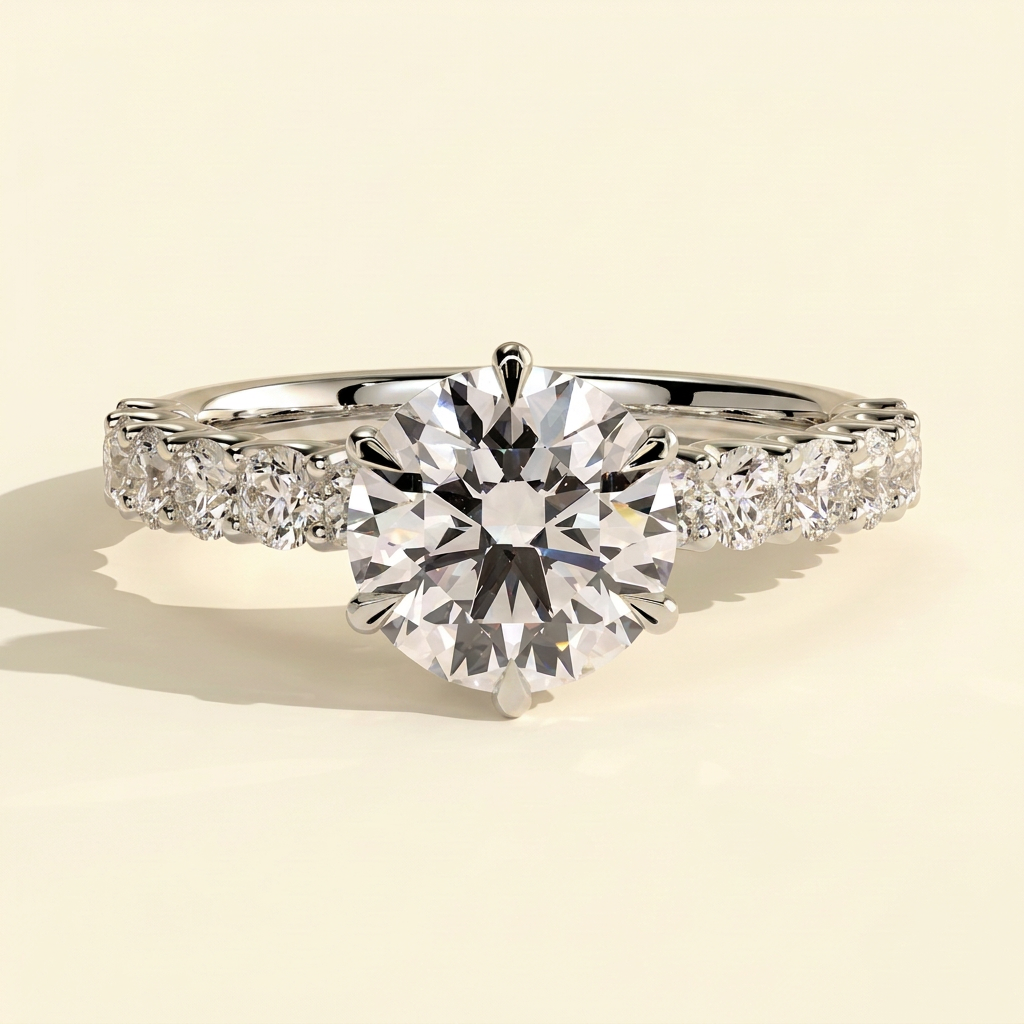 The Levana - Round Cut Lab Grown Diamond Six Claw Solitaire with Half Eternity Band Engagement Ring