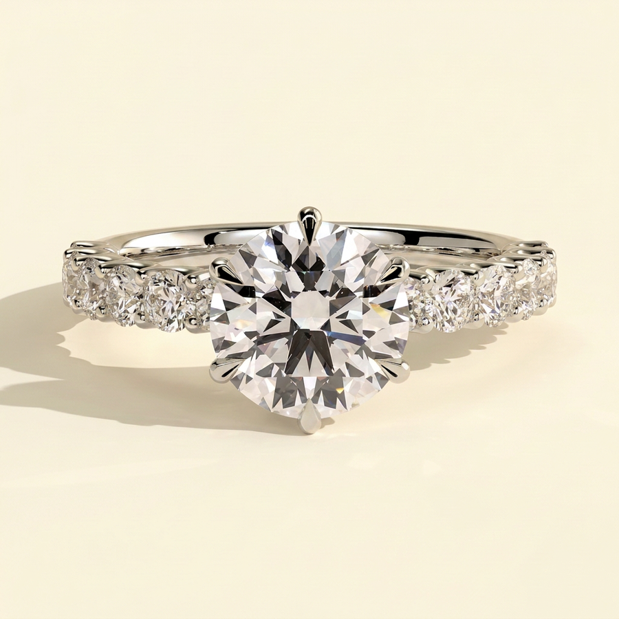 The Levana - Round Cut Lab Grown Diamond Six Claw Solitaire with Half Eternity Band Engagement Ring - White Gold
