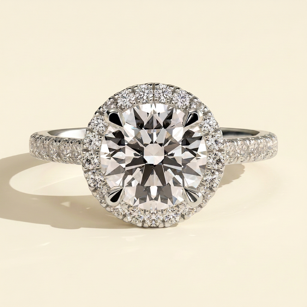 The Stella - Round Cut Lab Grown Diamond Cathedral Halo with Pave Band Engagement Ring
