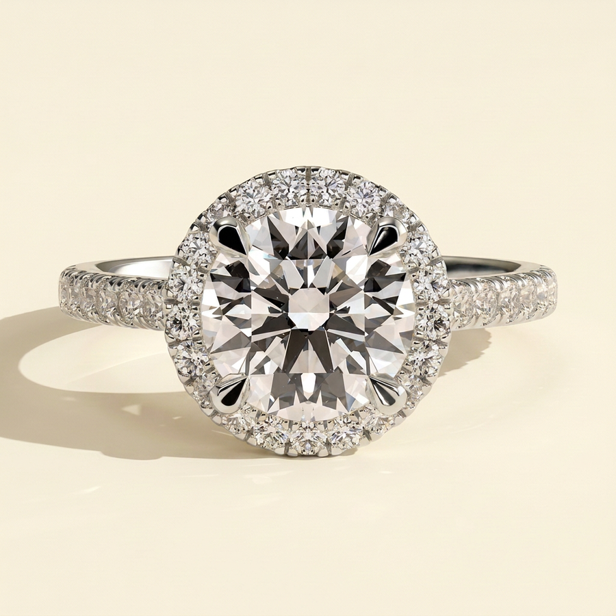 The Stella - Round Cut Lab Grown Diamond Cathedral Halo with Pave Band Engagement Ring - White Gold