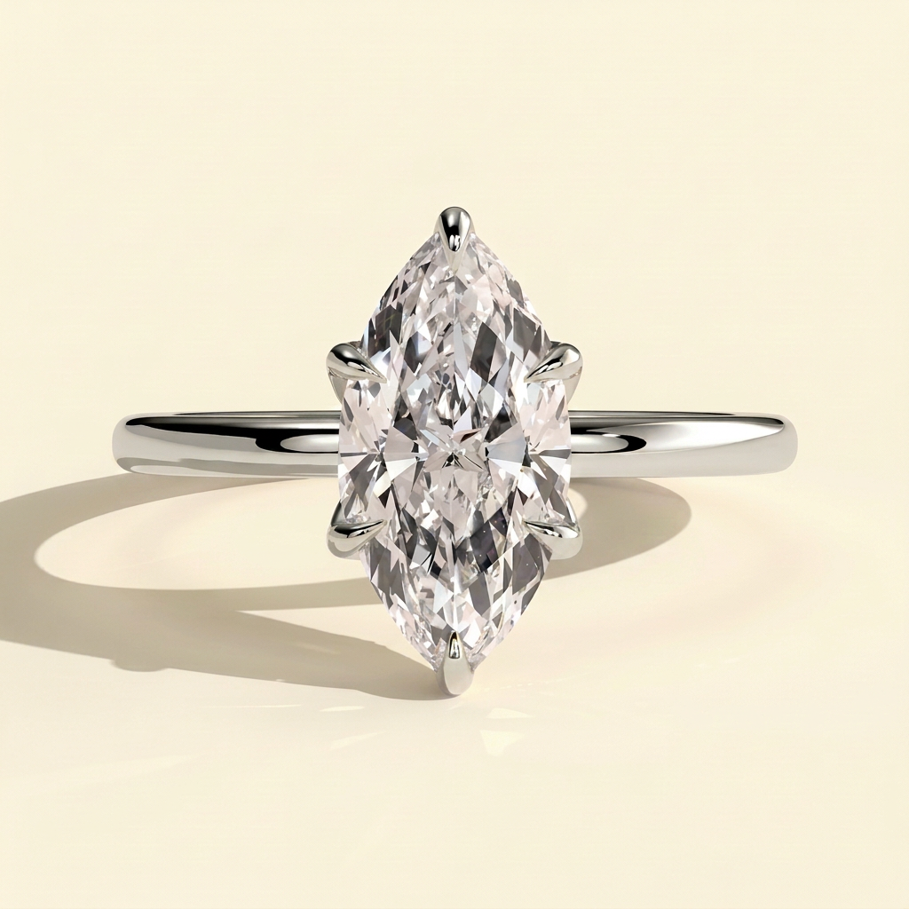 The Urelle - Marquise Cut Lab Grown Diamond Six Claw Solitaire with Petal Gallery and Accent Leaf Detail Engagement Ring