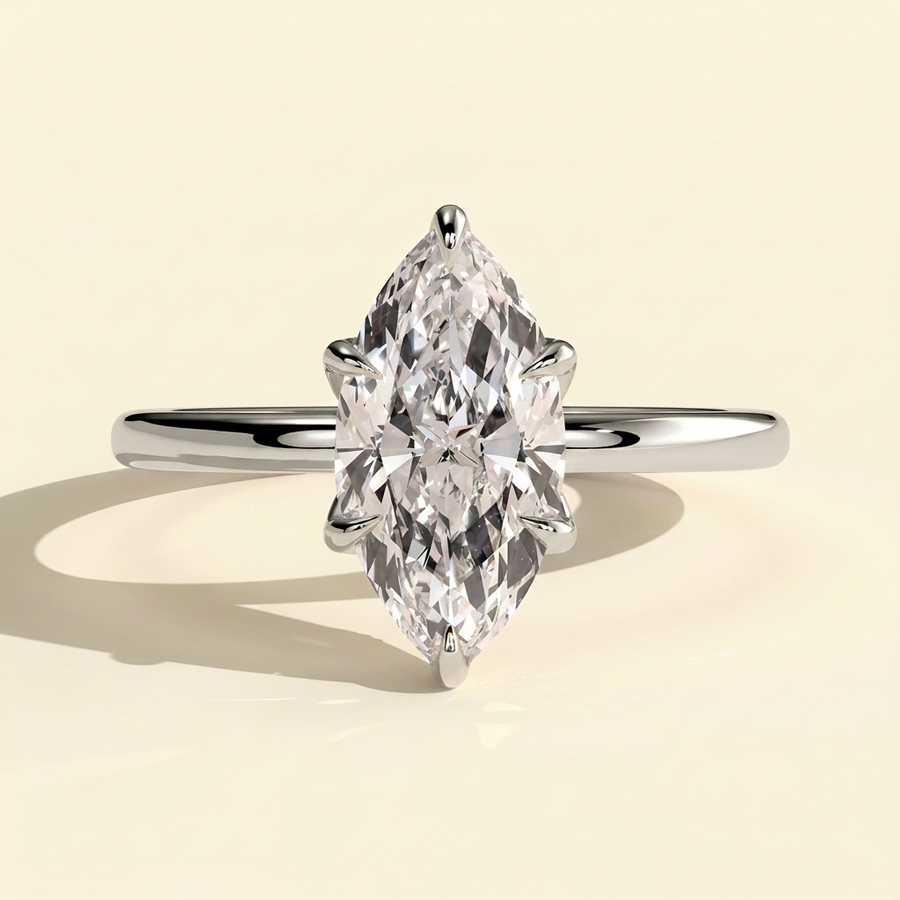 The Urelle - Marquise Cut Lab Grown Diamond Six Claw Solitaire with Petal Gallery and Accent Leaf Detail Engagement Ring - White Gold
