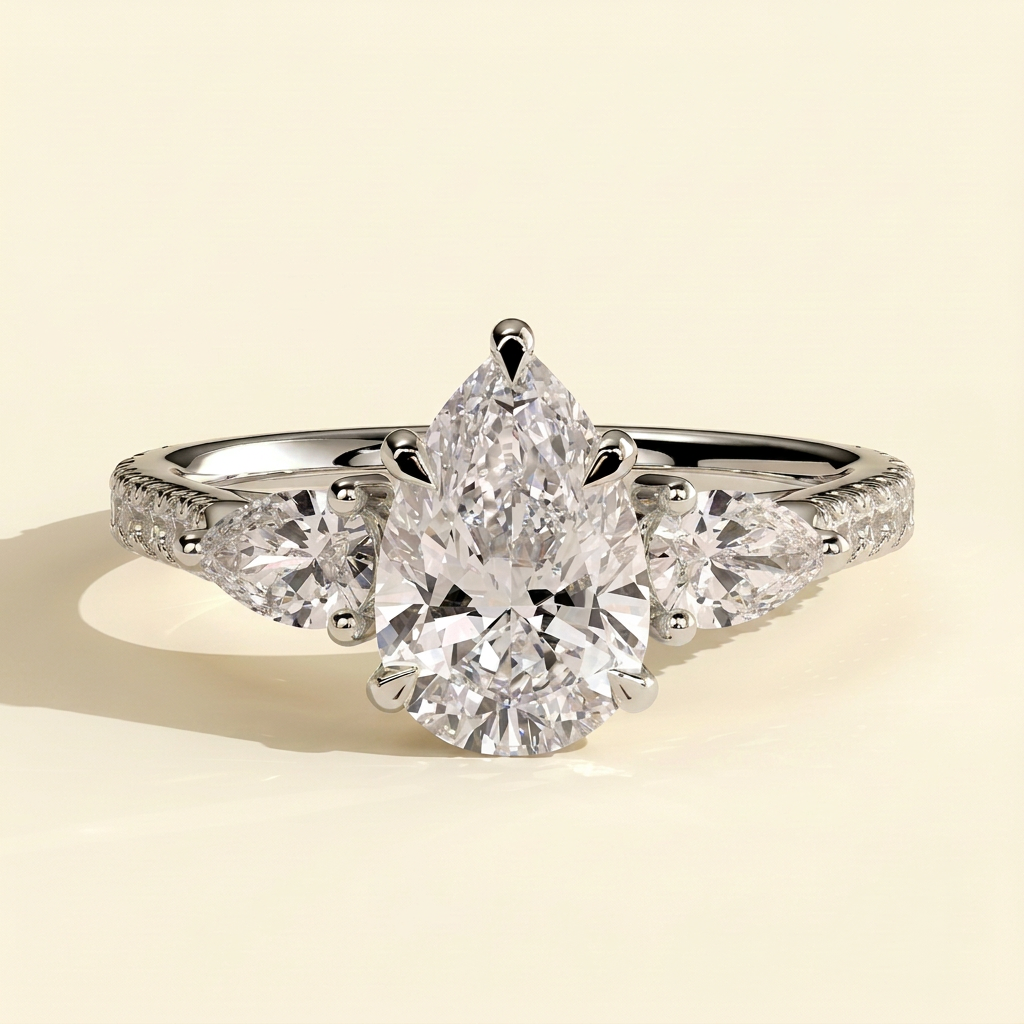 The Sirena - Pear Cut Lab Grown Diamond Three Stone with Pear Side Stones and Cathedral High Setting Engagement Ring
