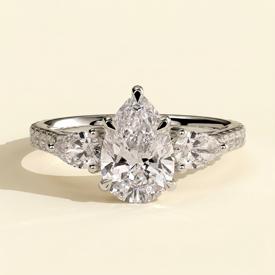The Sirena - Pear Cut Lab Grown Diamond Three Stone with Pear Side Stones and Cathedral High Setting Engagement Ring - White Gold