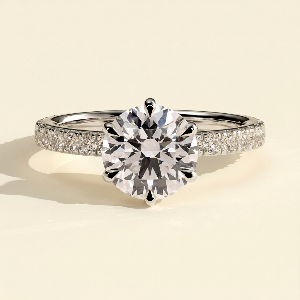 The Mirelle - Round Cut Lab Grown Diamond Hidden Halo Solitaire with Pave Collar and Pave Band Engagement Ring