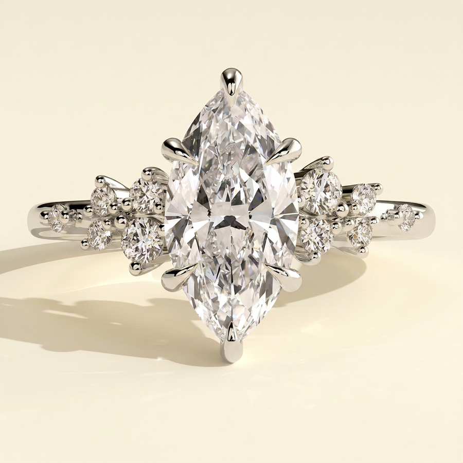 The Nova - Marquise Cut Lab Grown Diamond Basket Set Solitaire with Clustered Round Shoulder Stones Engagement Ring - White Gold