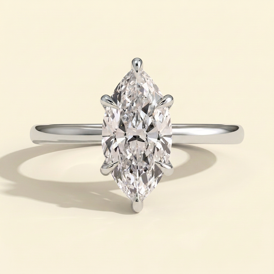 The Mira - Marquise Cut Lab Grown Diamond Six Claw Solitaire with Hidden Halo, Cathedral Setting Engagement Ring - White Gold