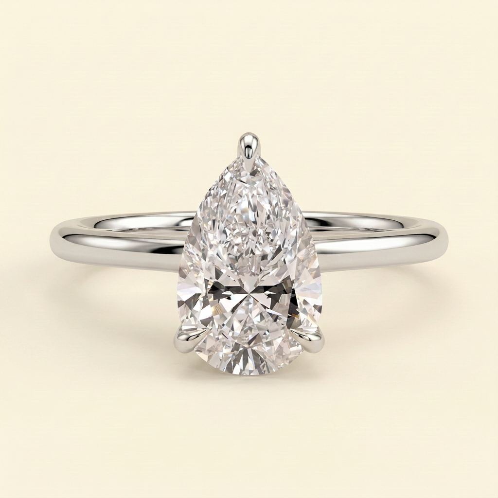 The Honora - Pear Cut Lab Grown Diamond Three Claw Cathedral Solitaire with Hidden Halo Engagement Ring
