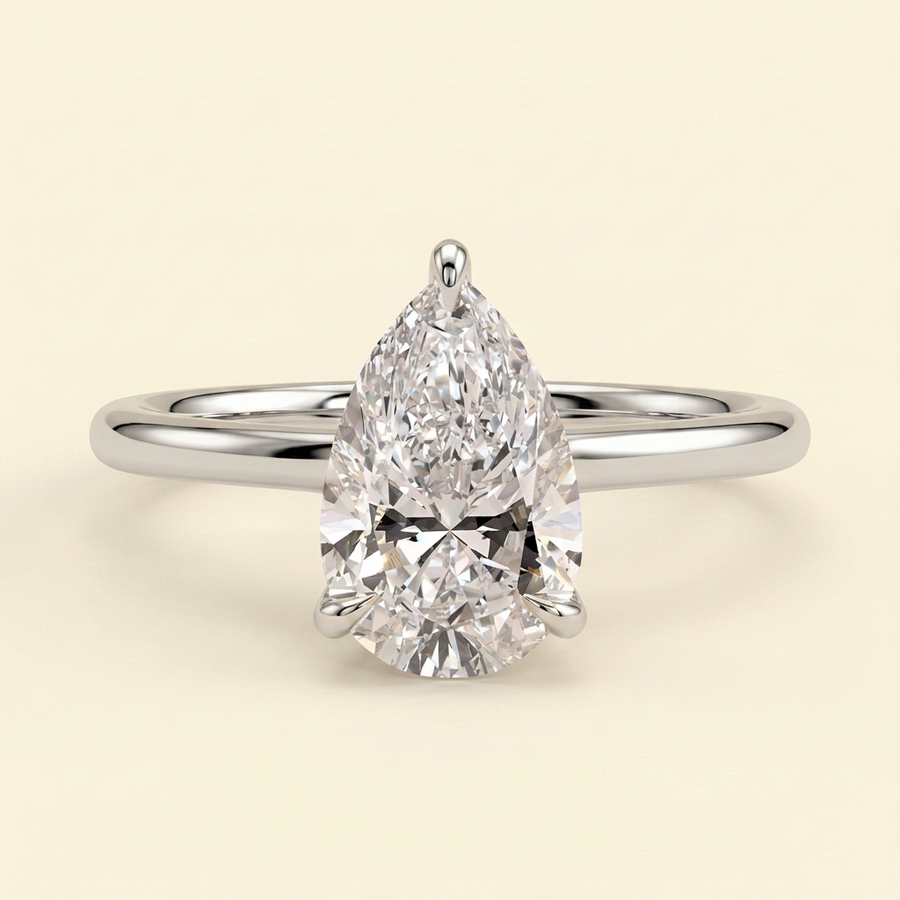The Honora - Pear Cut Lab Grown Diamond Three Claw Cathedral Solitaire with Hidden Halo Engagement Ring - White Gold