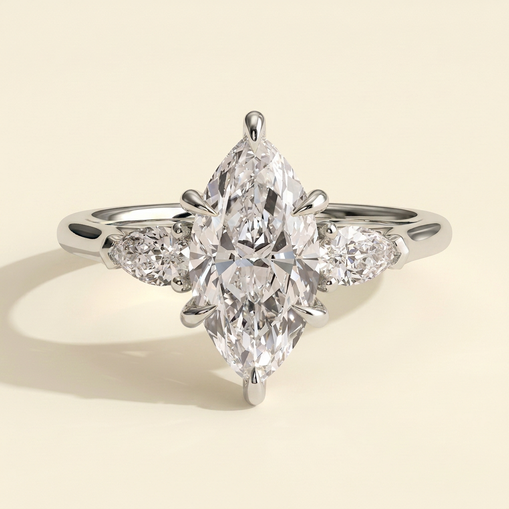 The Una - Marquise Lab Grown Diamond with Pear Side Stones and Cathedral Setting Ring