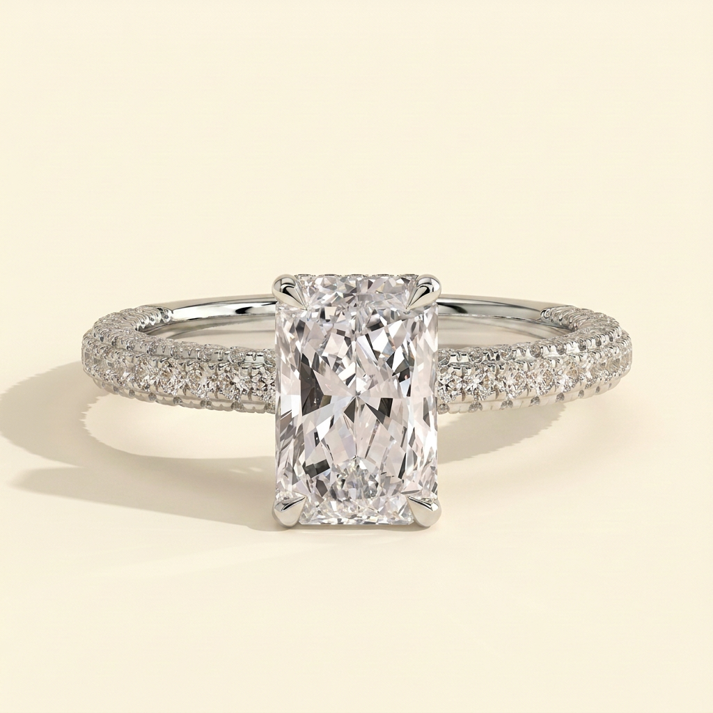 The Maia - Radiant Cut Lab Grown Diamond Hidden Halo Engagement Ring with Triple Pave Band