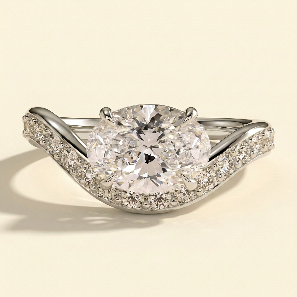 The Tesora - Oval Cut Lab Grown Diamond East West Solitaire with Bead Set Pave Wave Band Engagement Ring