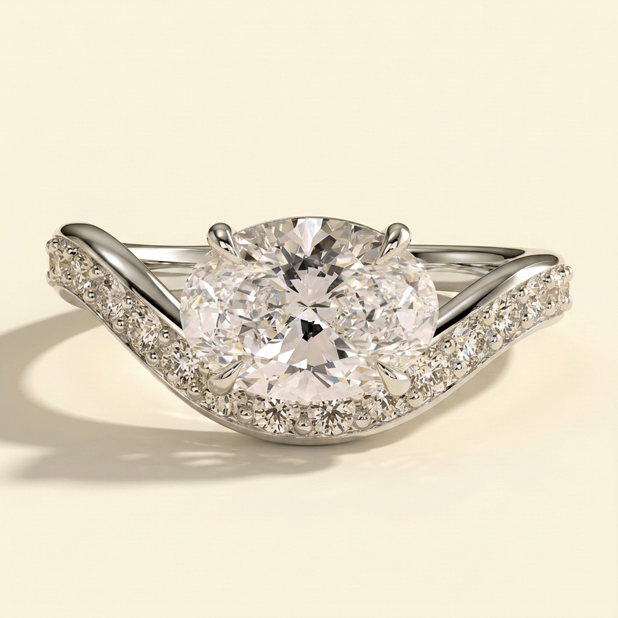 The Tesora - Oval Cut Lab Grown Diamond East West Solitaire with Bead Set Pave Wave Band Engagement Ring - White Gold