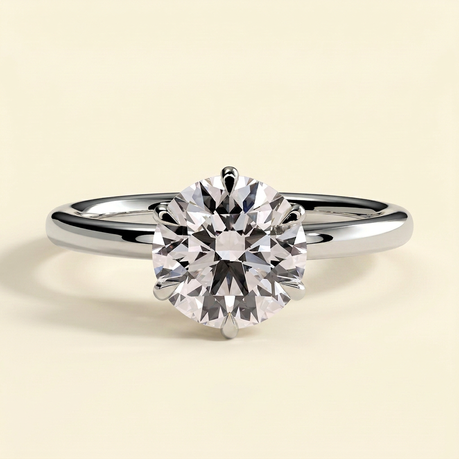 The Isla - Round Cut Lab Grown Diamond Six Claw Low Set Solitaire with Crown Gallery Engagement Ring - White Gold