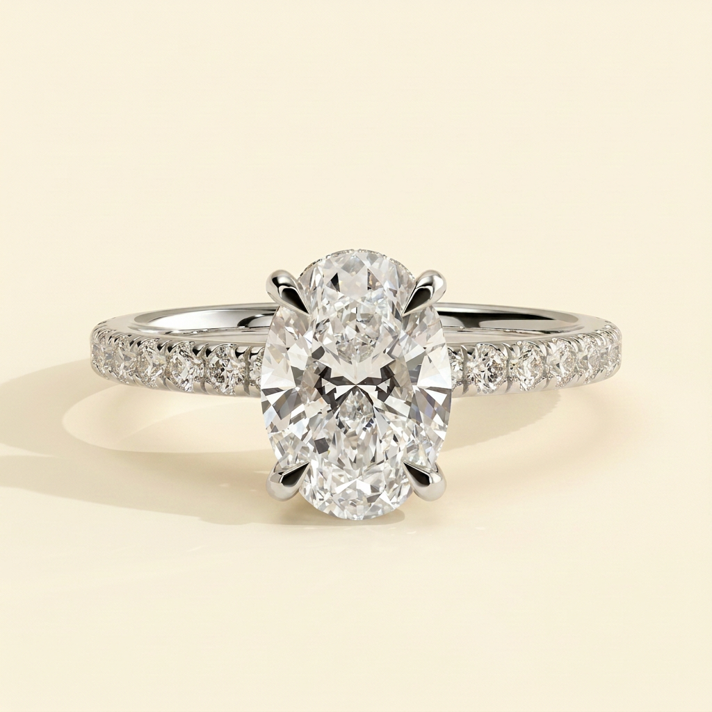 The Solisse - Oval Cut Lab Grown Diamond Hidden Halo Solitaire with Pave Band Engagement Ring