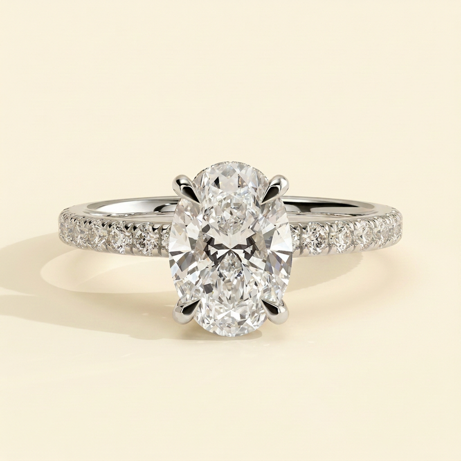 The Solisse - Oval Cut Lab Grown Diamond Hidden Halo Solitaire with Pave Band Engagement Ring - White Gold