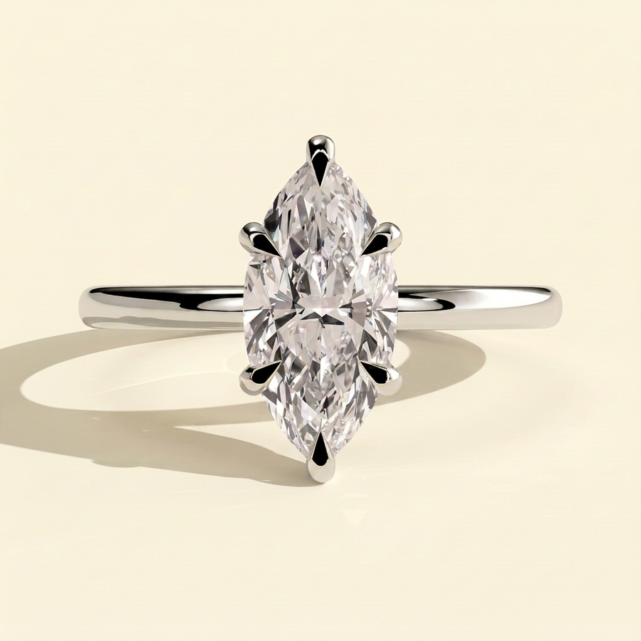 The Roselle - Marquise Cut Lab Grown Diamond Six Claw Solitaire with Hidden Halo Engagement Ring - White Gold