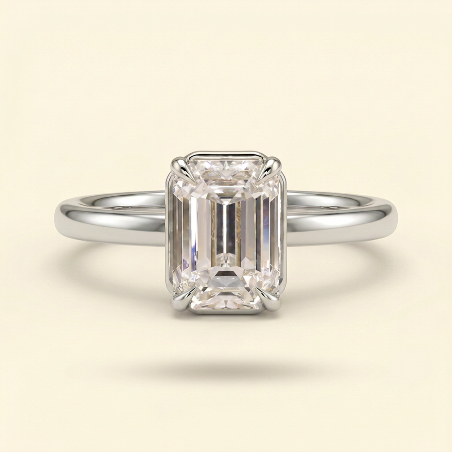 The Coralie - Emerald Cut Lab Grown Diamond Low Set Solitaire with Bezel Frame Engagement Ring - White Gold