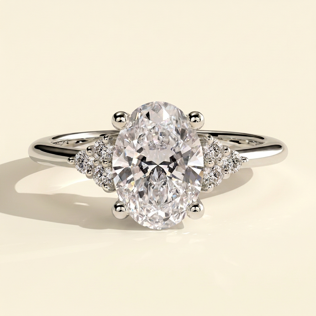 The Lumiere - Oval Cut Lab Grown Diamond Solitaire with Clustered Round Shoulder Stones Engagement Ring