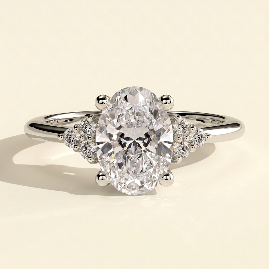 The Lumiere - Oval Cut Lab Grown Diamond Solitaire with Clustered Round Shoulder Stones Engagement Ring - White Gold