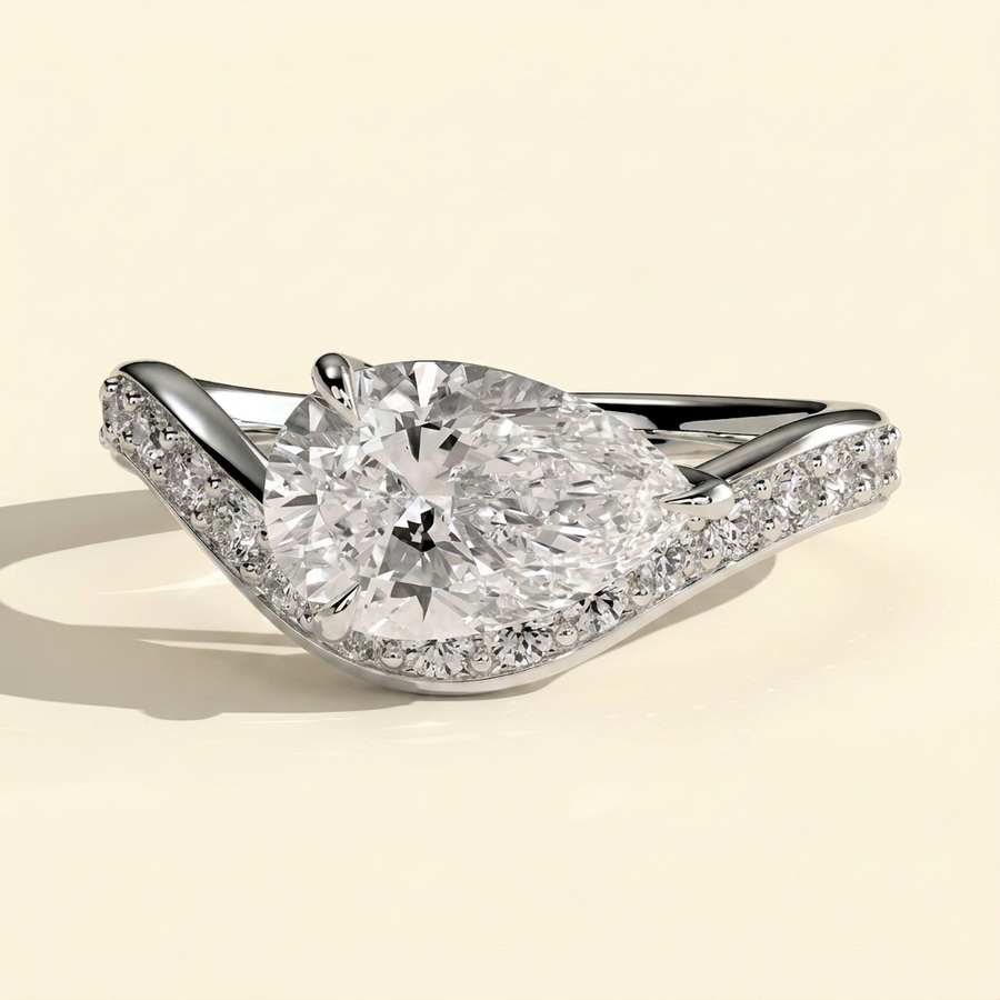 The Prima - East West Pear Lab Grown Diamond Engagement Ring with Wave Pave Band - White Gold