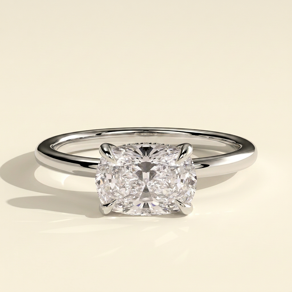 The Riva - Elongated Cushion Cut Lab Grown Diamond East West Hidden Halo Engagement Ring