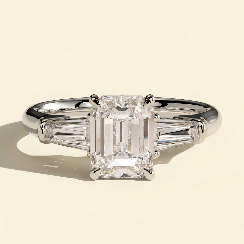 The Liora - Emerald Cut Lab Diamond Three Stone with Tapered Baguette Side Stones Engagement Ring