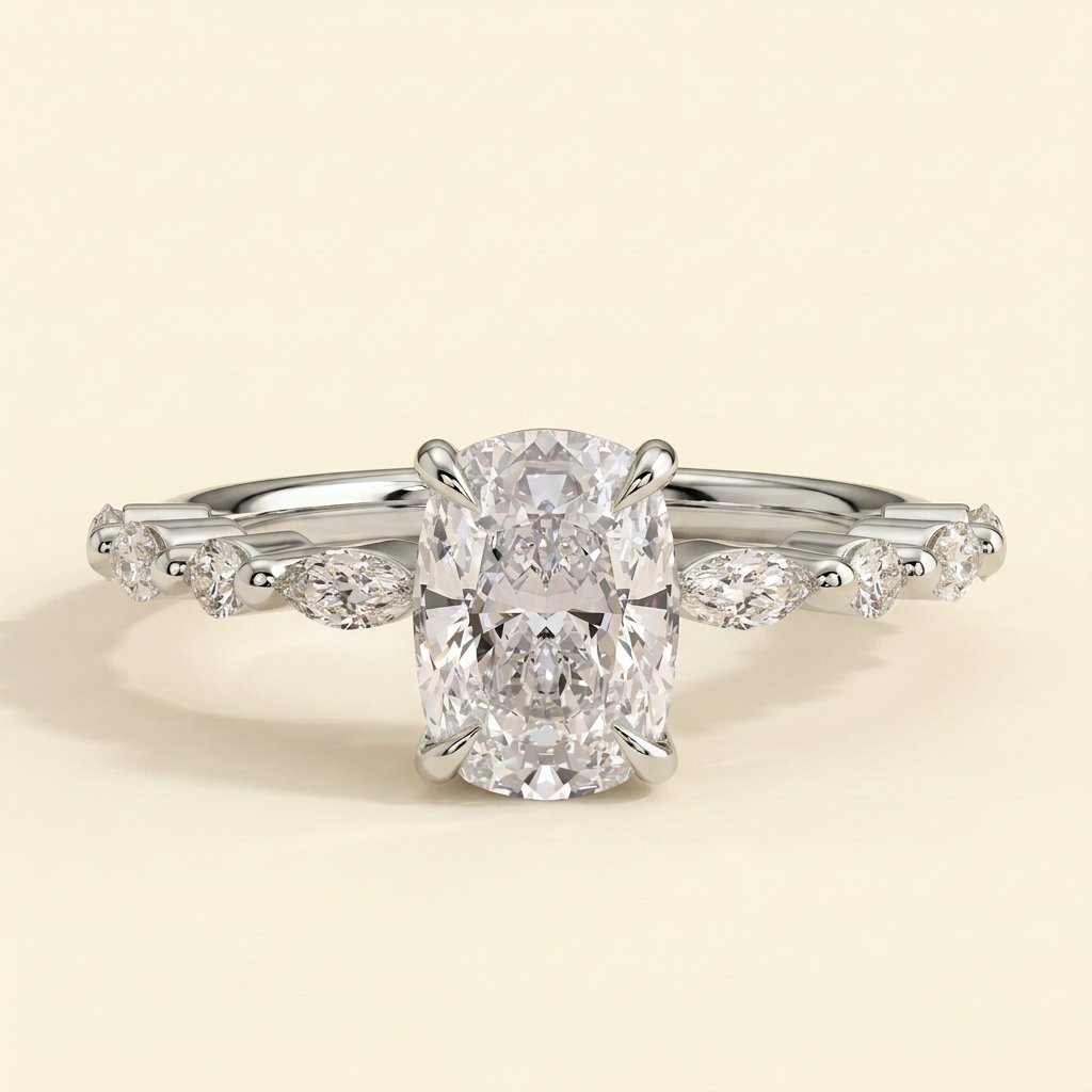 The Averie - Elongated Cushion Lab Diamond Solitaire with Marquise and Round Accent Stones Ring