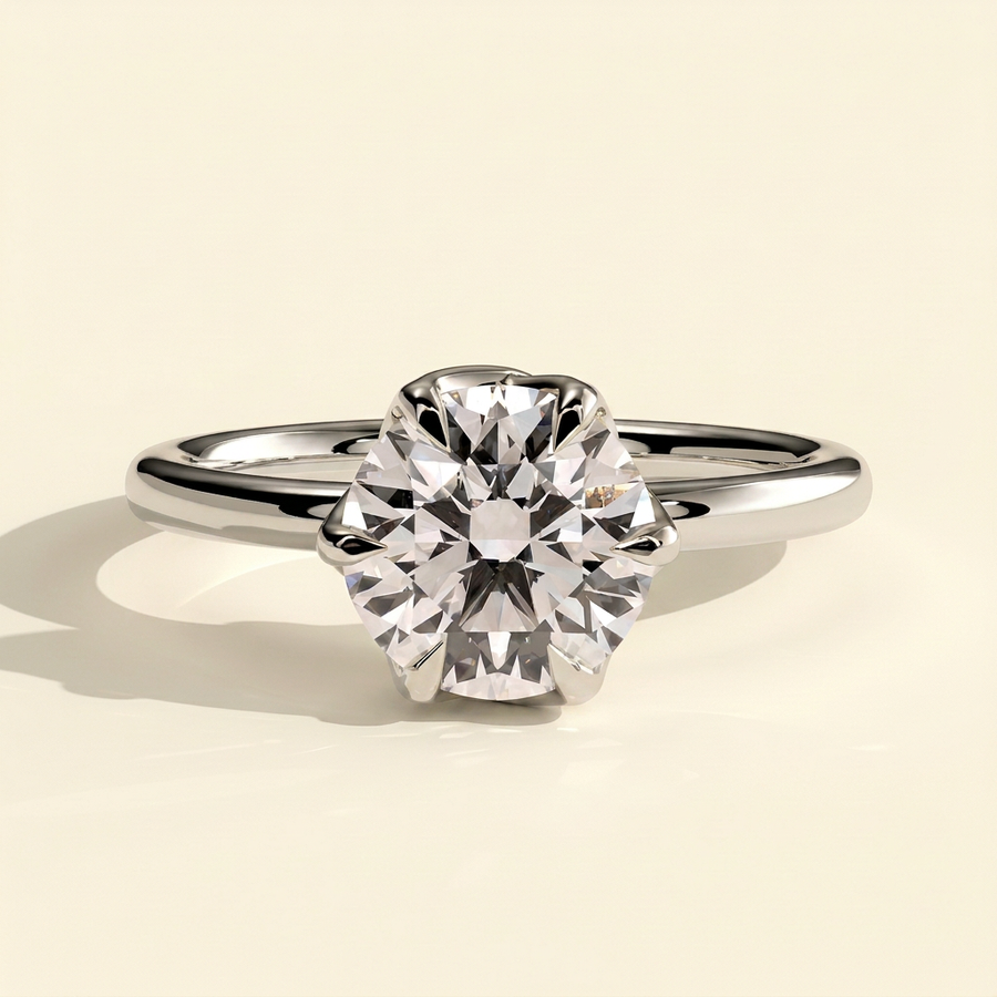 The Brielle - Round Cut Lab Grown Diamond Crossover Claw Solitaire with Rose Petal Gallery Engagement Ring - White Gold