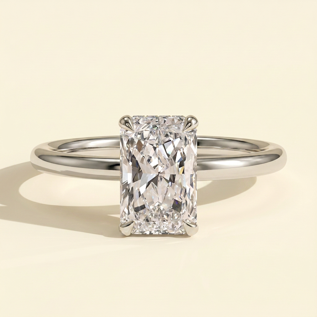 The Iliana - Radiant Cut Lab Grown Diamond Four Claw Solitaire with Wrap Around Hidden Halo Engagement Ring