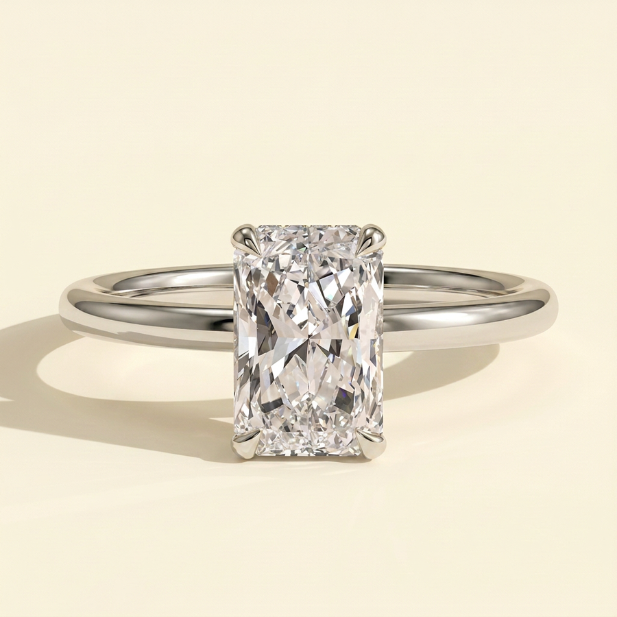The Iliana - Radiant Cut Lab Grown Diamond Four Claw Solitaire with Wrap Around Hidden Halo Engagement Ring - White Gold