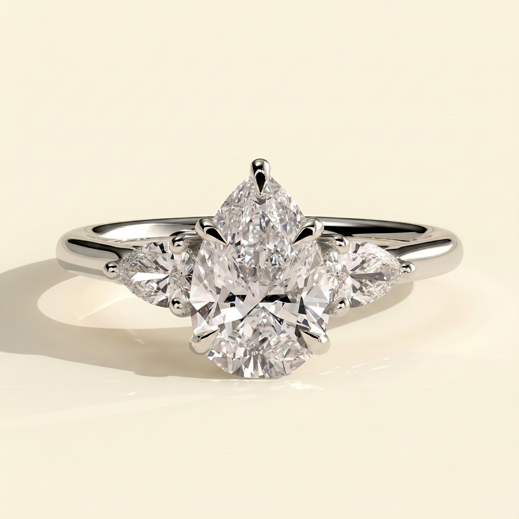 The Viorela - Pear Cut Lab Grown Diamond Three Stone Engagement Ring with Pear Side Stones and Floating Cathedral Setting