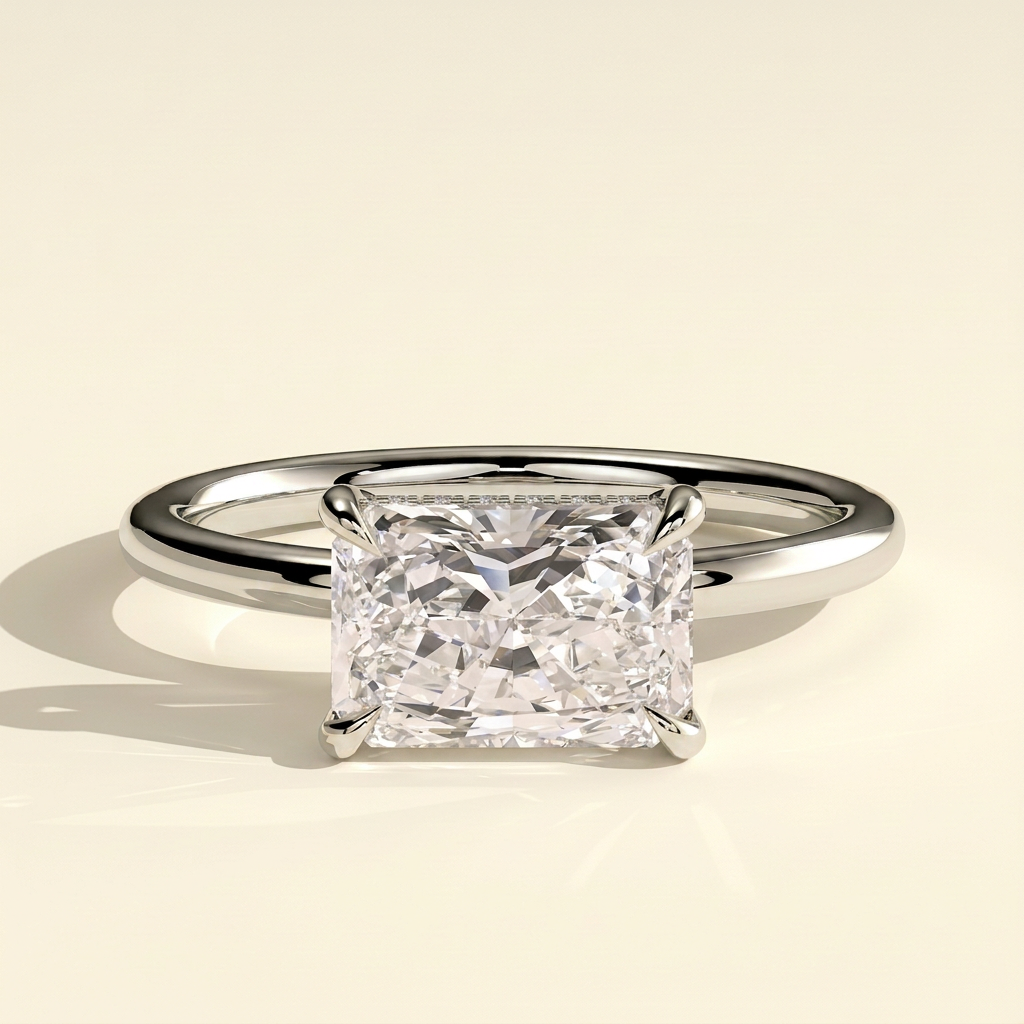 The Feya - Radiant Cut Lab Grown Diamond East West Four Claw Solitaire Ring with Hidden Halo