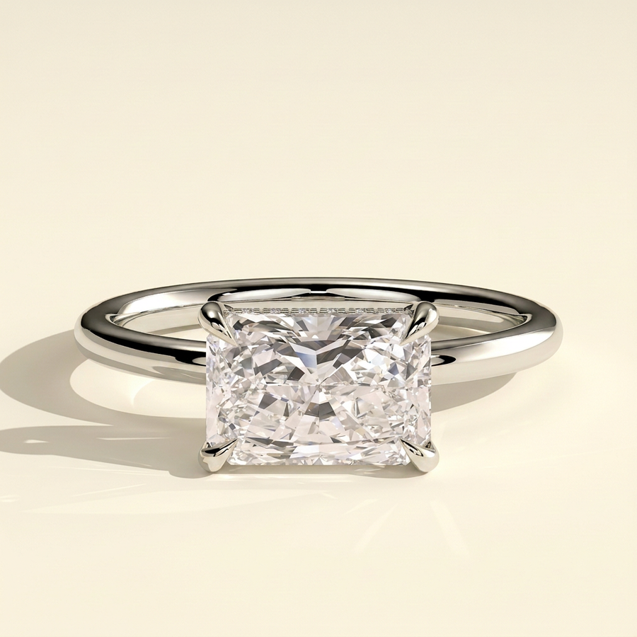 The Feya - Radiant Cut Lab Grown Diamond East West Four Claw Solitaire Ring with Hidden Halo - White Gold