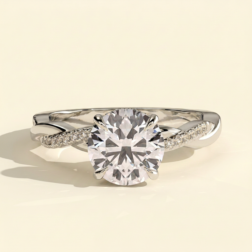 The Morea - Round Cut Lab Grown Diamond Hidden Halo Solitaire with Braided Pave Band Engagement Ring