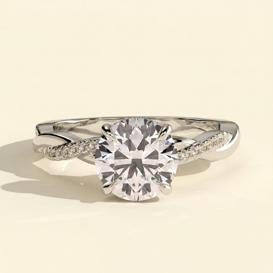 The Morea - Round Cut Lab Grown Diamond Hidden Halo Solitaire with Braided Pave Band Engagement Ring - White Gold