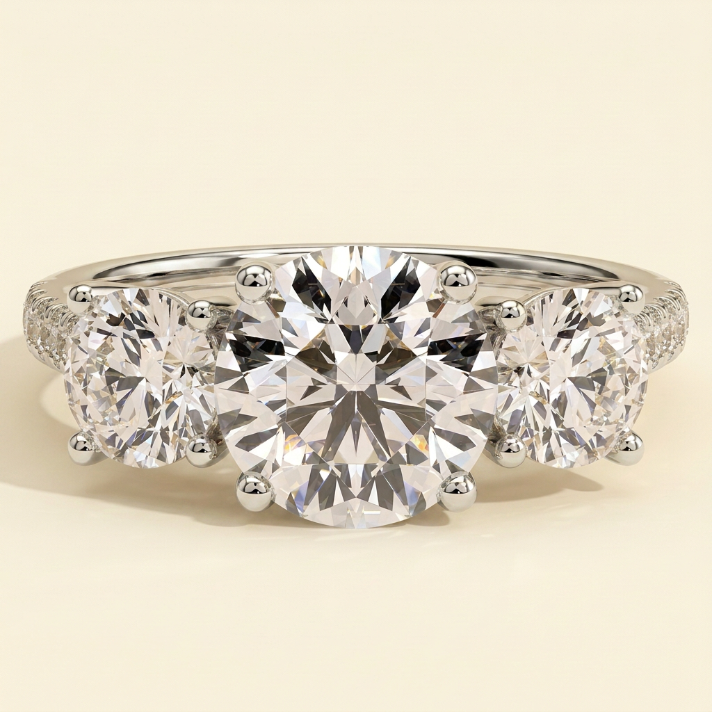 The Azure - Round Cut Lab Grown Diamond Three Stone with Round Side Stones and Pave Band Ring