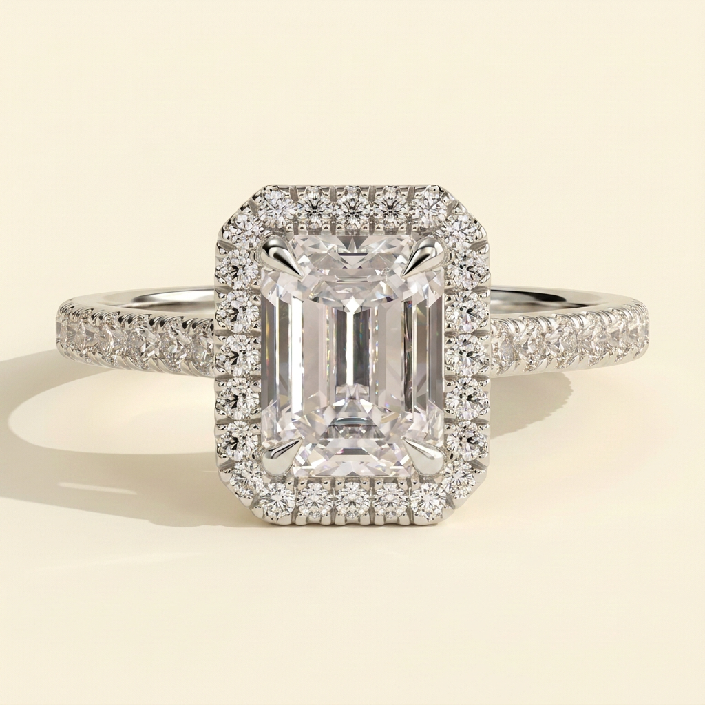 The Delara - Emerald Cut Lab Grown Diamond Four Claw Halo Engagement Ring with Pave Band