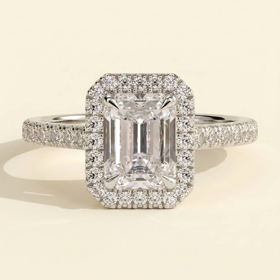 The Delara - Emerald Cut Lab Grown Diamond Four Claw Halo Engagement Ring with Pave Band - White Gold