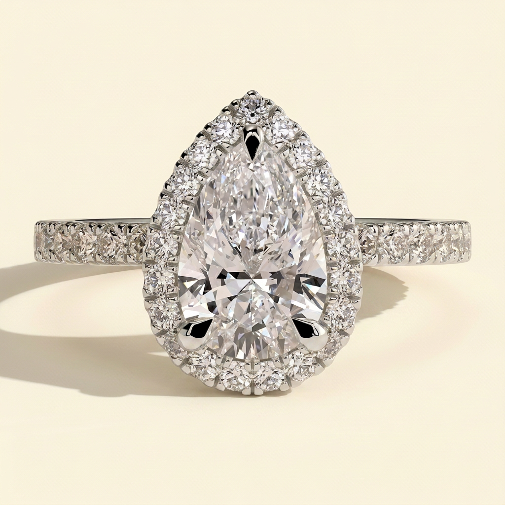 The Minelle - Pear Cut Lab Grown Diamond Three Claw Halo with Pave Band Engagement Ring