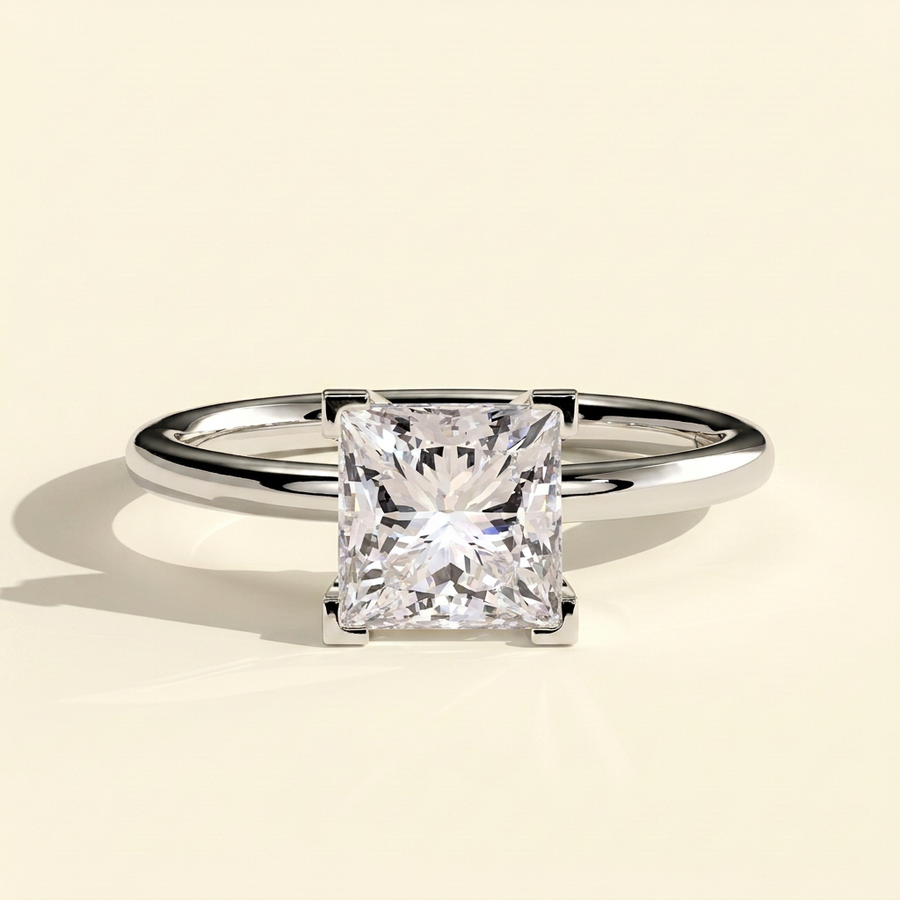 The Flore - Princess Cut Lab Grown Diamond Square Claw Basket Set Solitaire Engagement Ring - White Gold