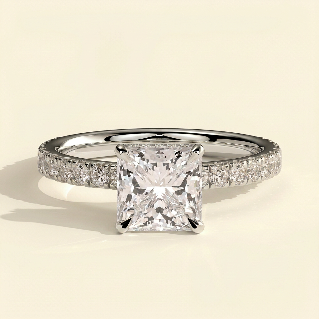 The Estelle - Princess Cut Lab Grown Diamond Solitaire with Wrap Around Hidden Halo Engagement Ring